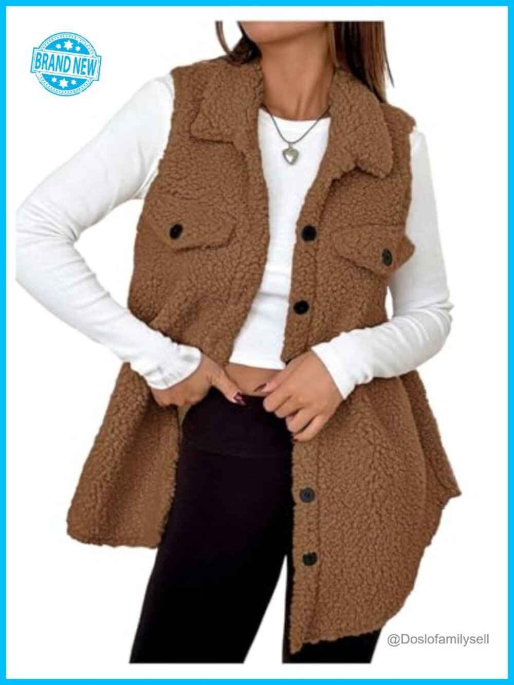 Sherpa Fleece Vest Button Down Collar Sleeveless Long Warm Fuzzy Tops